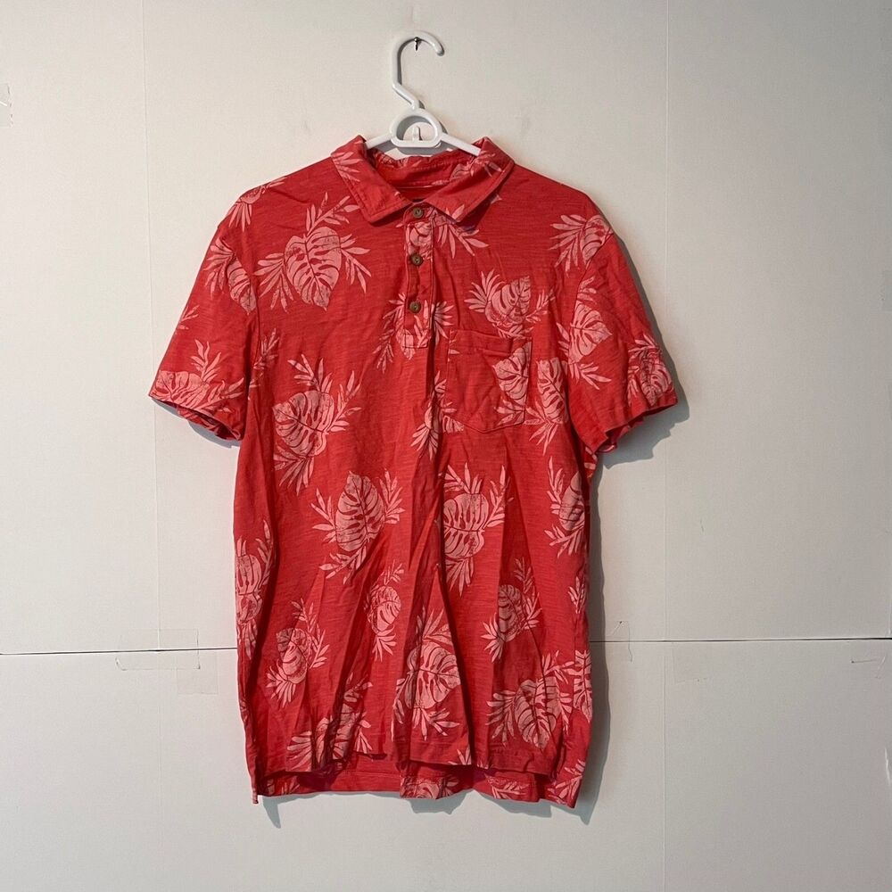 Sonoma Mens Polo Shirt Size L Pink Hawaiian Floral Pocket Three Button